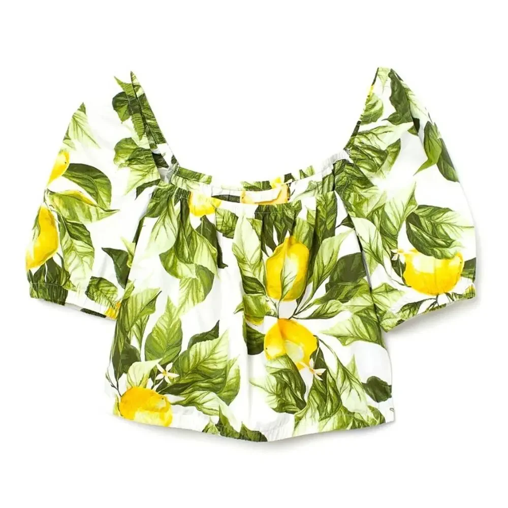 HM NEW LEMON CROP TOP PUFF SLEEVE WEAR ON OR OFF SHOULDER ALL COTTON XS - Picture 2 of 4